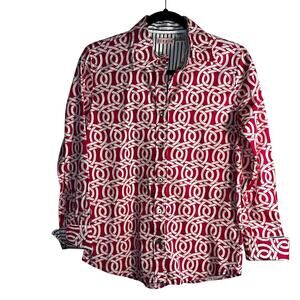 Tizzie Women’s Button Down Shirt Pink White Geometric Print Stretch Size Small